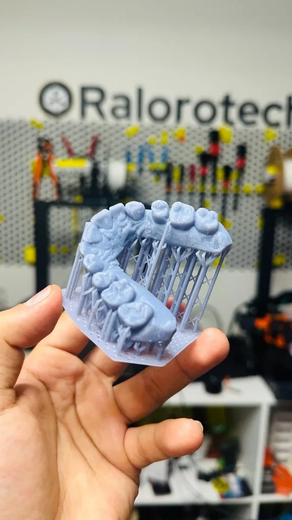Modelo de arco dental con base hexagonal y soportes de impresión SLA