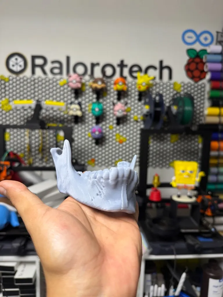 Mandíbula impresa en resina sostenida en mano en el taller Ralorotech, con laboratorio e impresoras 3D al fondo